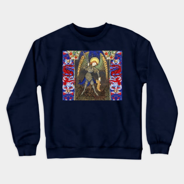 ST. MICHAEL ARCHANGEL COMBATTING DEVIL AND RED DRAGONS Medieval Miniature Crewneck Sweatshirt by BulganLumini